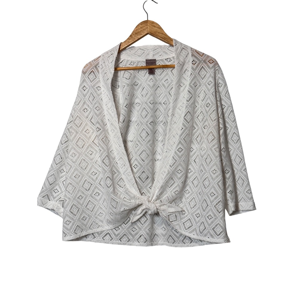 Easywear by Chico's White Diamond Lace Knit Tie Front‎ Cardigan Sweater Size 2